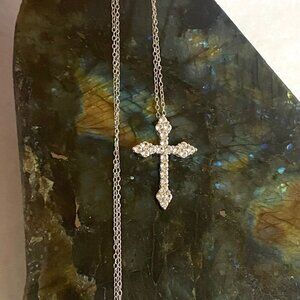 Sterling Silver 925 Dainty Round Prong Set White Sapphire Cross Necklace 18"